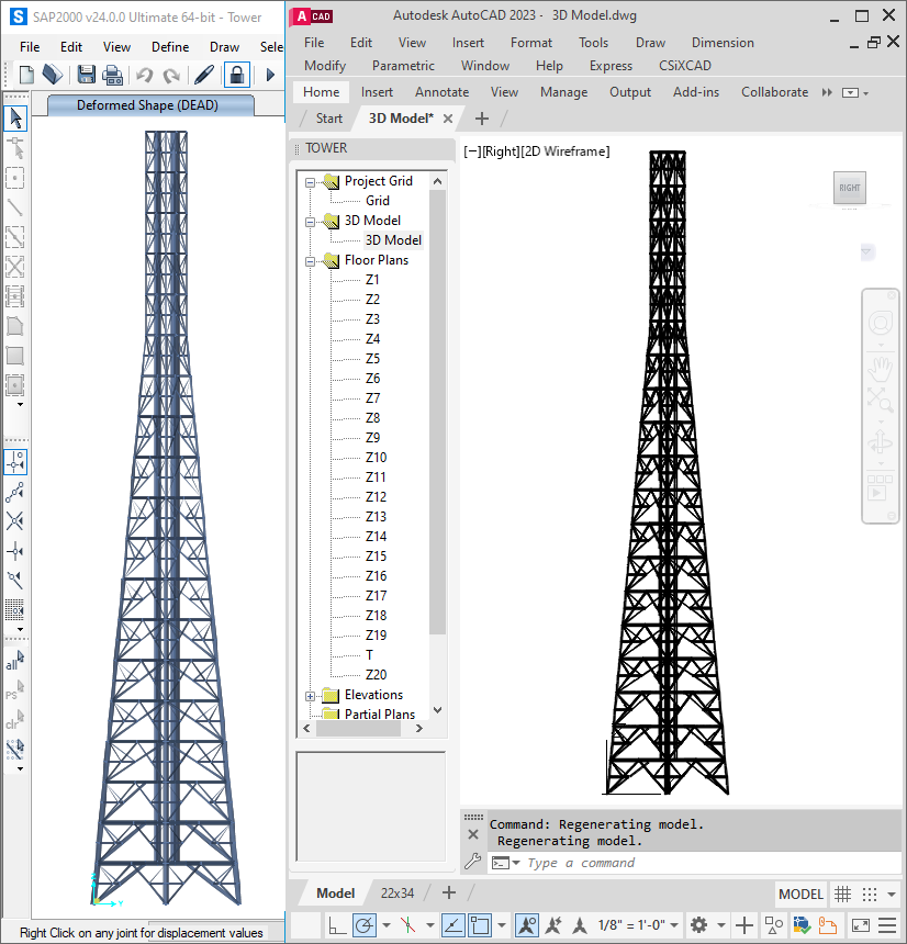 Modelo de uma torre metálica do SAP2000 importado para o AutoCAD 2023 com o CSiXCAD
