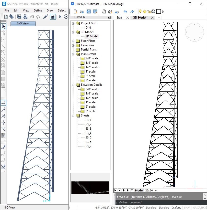 Modelo de uma torre metálica do SAP2000 importado para o BricsCAD v22 com o CSiXCAD