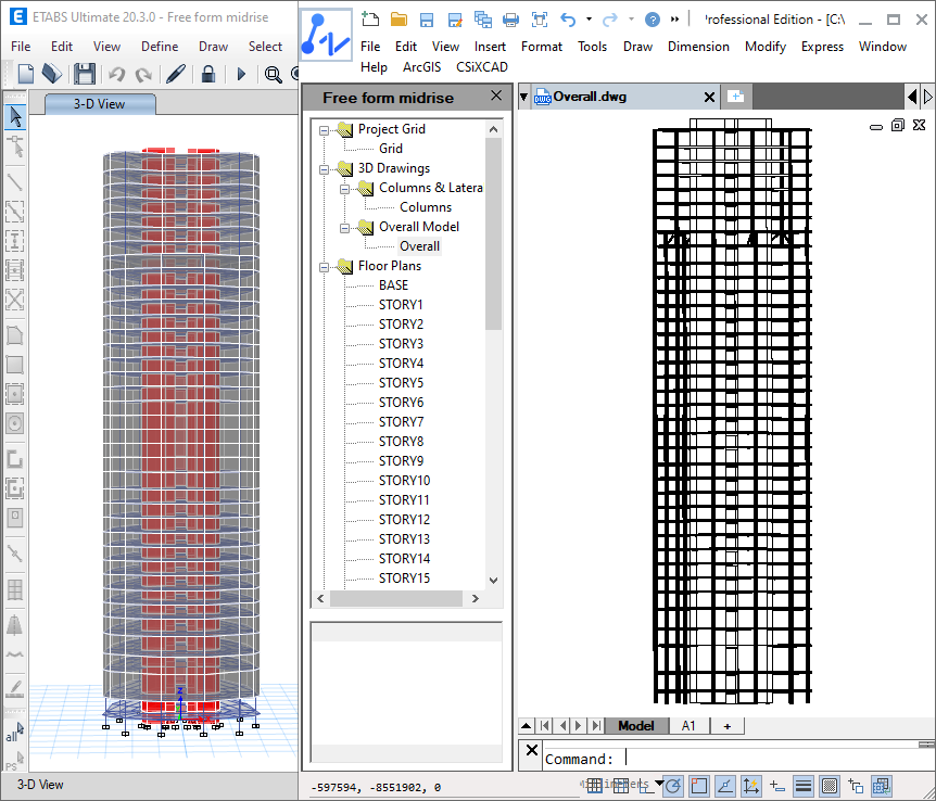 Modelo de um edifício em altura do ETABS importado para o ZWCAD com o CSiXCAD
