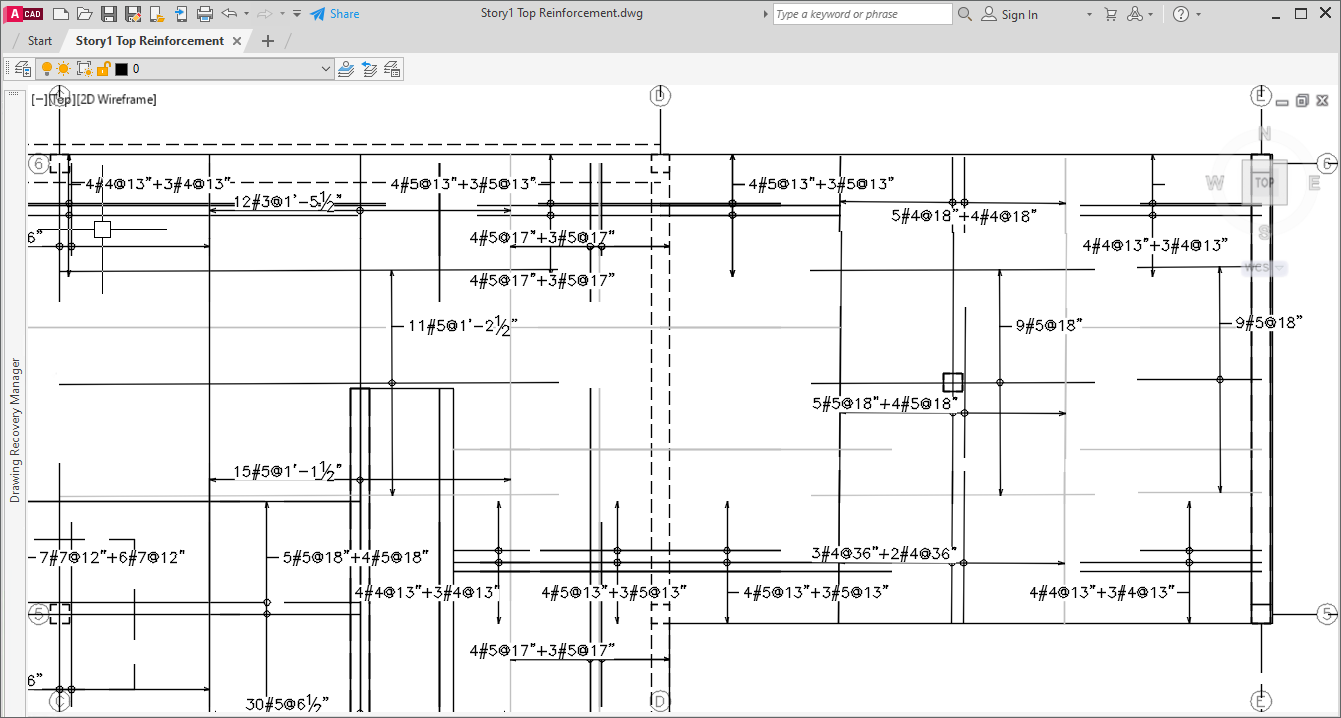 Planta de armaduras superiores de uma laje importada do SAFE para o AutoCAD com o CSiXCAD